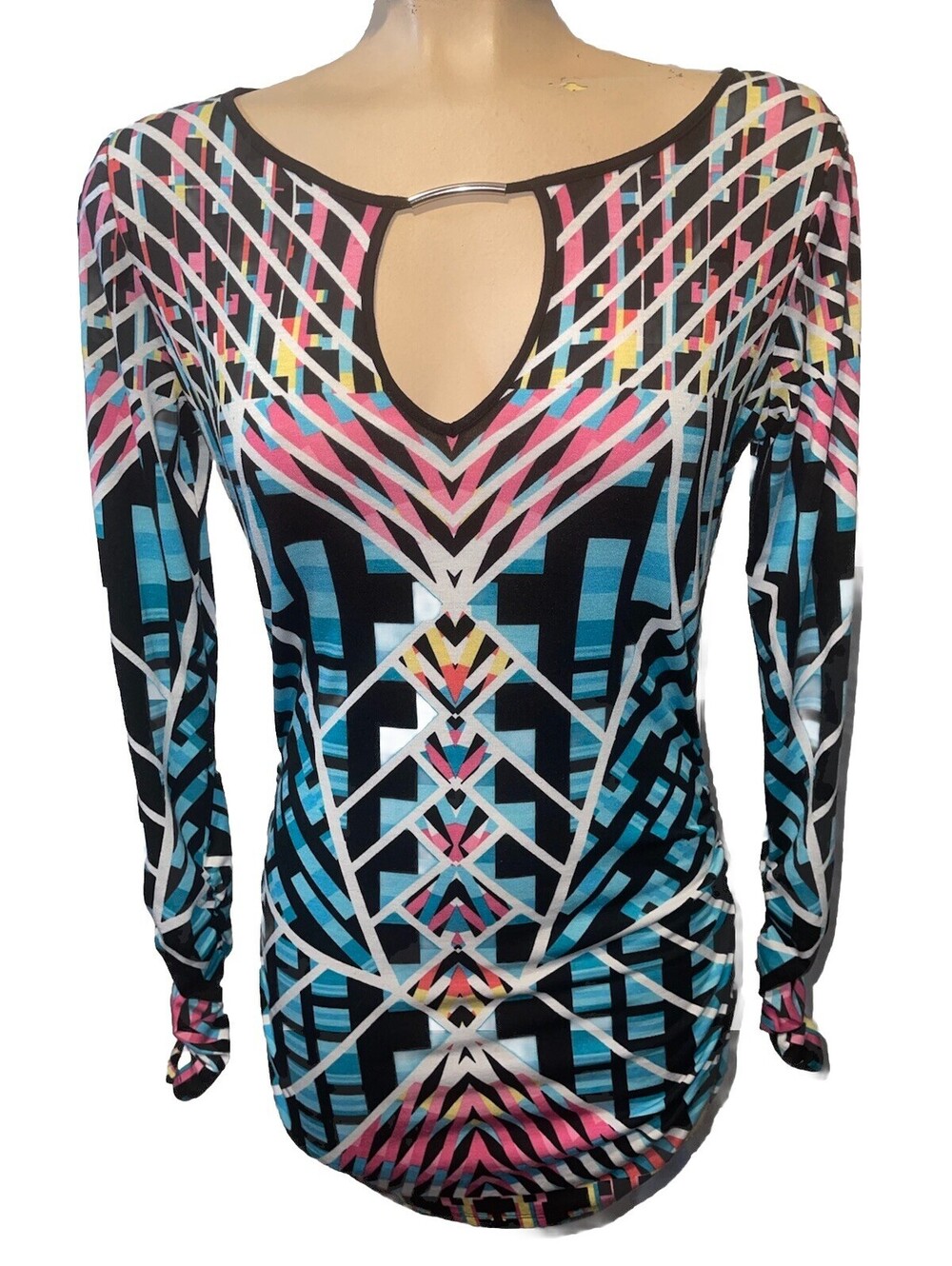 Bisou Bisou Michele Small Pink Blue Yellow Geometric Bodycon Dress Keyhole Cinch